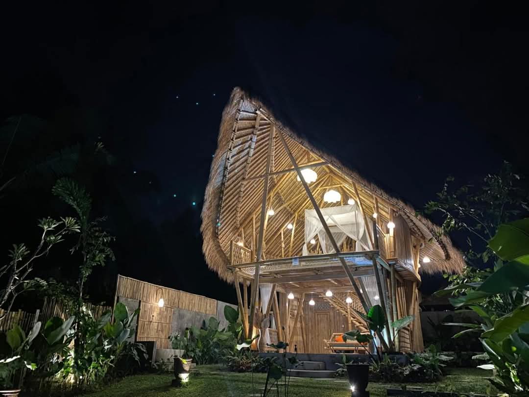 Bamboo villa at night